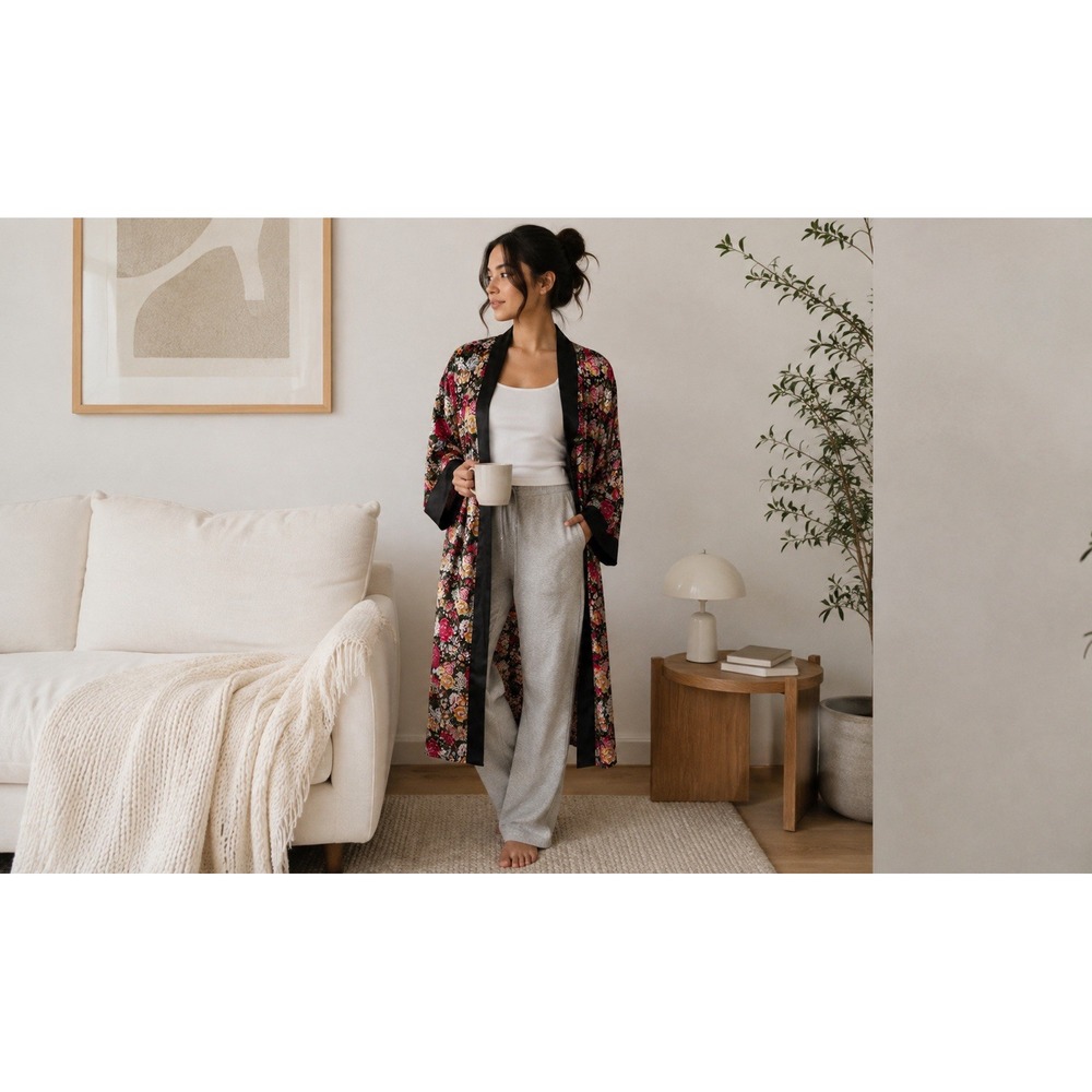 Vtg Victorias Secret Robo Kimono OS Floral Gold Label Boho Loungewear